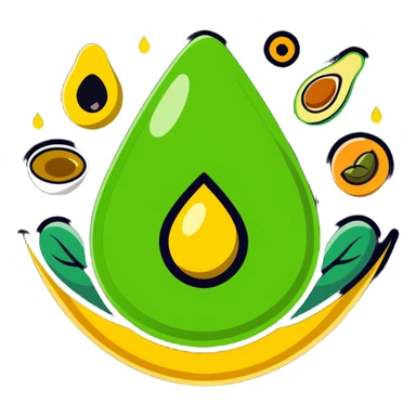Floating aura in the shape of a golden and jade green drop, with bright icons of avocado, nuts, olive oil and ethereal fish spinning in a circle, surrounding a warm heart and illuminated brain, wrapped in a soft glow of protection and stable energy sticker