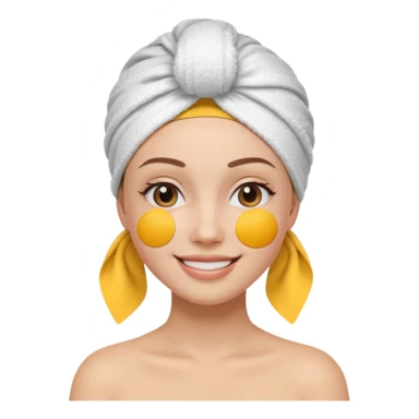 3D emoji style woman with towel head wrap, under-eye patches, smiling softly, clean girl skincare aesthetic, soft studio lighting, smooth skin texture, minimalist beige background, high resolution, PNG sticker