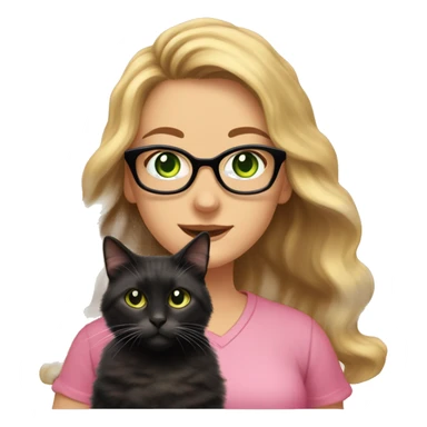 woman with glasses and green eyes and long wavy blonde hair in a pink shirt is holding a very fluffy and fat black and tortoiseshell cat sticker