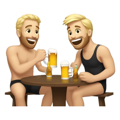 Two brown haired men and one blonde haired man sitting at a table drinking beer in a swimsuit. They are laughing sticker