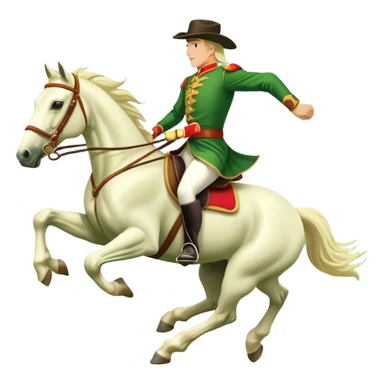 An icon showcasing a blue sky, distant mountains and a vibrant landscape. a majestic horse and rider in full gallop across a lush green field. The rider wears traditional gear, while the horse leaps with grace and power.  sticker