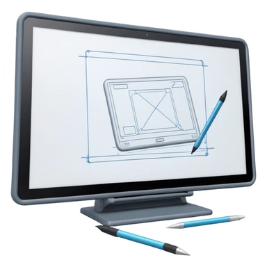 Create an emoji for 3D visualization and modeling. Show wireframe model that pops out from the screen of a large graphic tablet with a stylus drawing in a 3D modeling program. Use modern, professional colors. Do not include any emojis or smiley faces. Make the background transparent. sticker