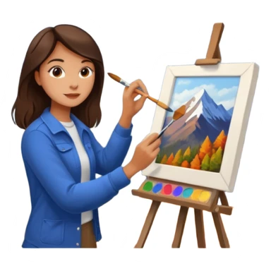 Brunette Artist painting a beautiful autumn mountain peak destination on canvas sticker