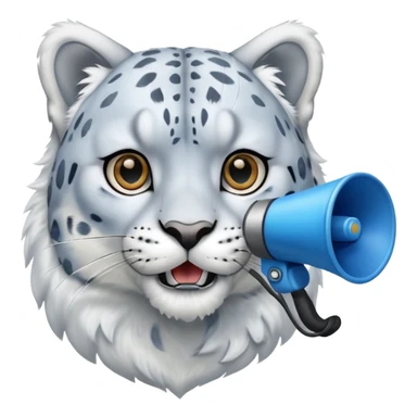 realistic snow leopard head speaking into a blue megaphone sticker