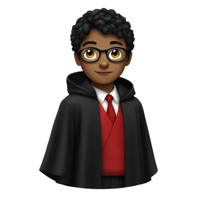 young boy with black hair, green eyes, round black glasses, dressed in black robes with a red tie sticker