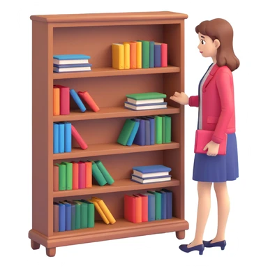 a sad woman looking at a small bookcase sticker
