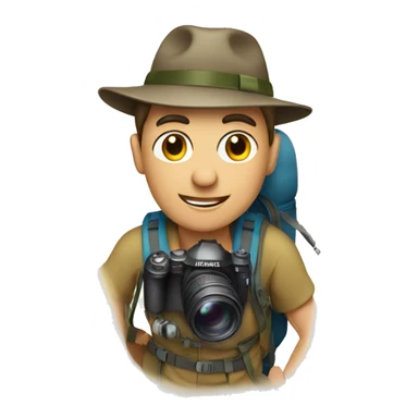 A photographer on top of a mountain, wearing a hat and a trekking bag sticker