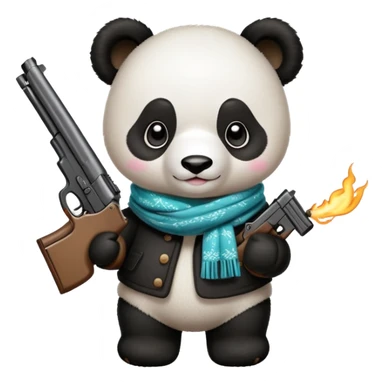 baby panda with scarf and mittens holding a gun sticker