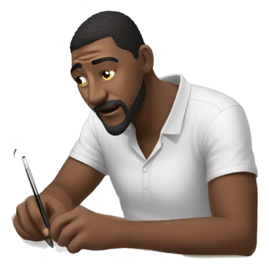 👨‍🎨📱✍️ A creative man is focused, drawing on an iPad with a stylus. , using the iPad placed on a table. with art tools like brushes and pencils around him. 🎨 sticker