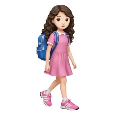 aestethic brunette very,very,very long wavy hair walking with a school backpack, with a cute pink dress, adidas shoes sticker