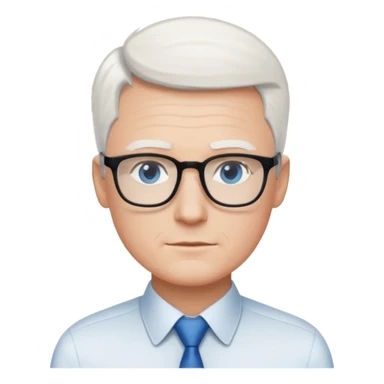 Thin white man, very short white hair, black thin square glasses, white shirt, blue eyes, ceo - no tie sticker