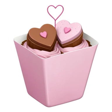Two glossy square milk chocolate pralines placed diagonally, each in a white ridged paper cup, topped with a soft pastel pink heart icing with subtle sugar sparkle.
Cute minimal emoji-style, realistic and polished, clean studio lighting, pure white background, smooth 3D render, high resolution. sticker