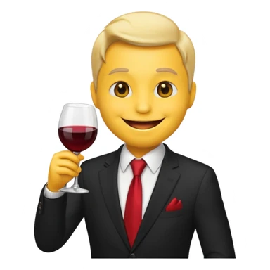 Yellow emoji with black suit and red tie, drinking wine, freaky smiling face, handsome sticker