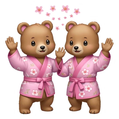 Two cute light-brown bears wearing pastel pink sakura-patterned kimonos, normal balanced body ratio.  
Facing each other and giving a joyful high-five with happy smiling faces and small spark effects.  
Kawaii emoji style, minimalistic clean sticker illustration, white background. sticker