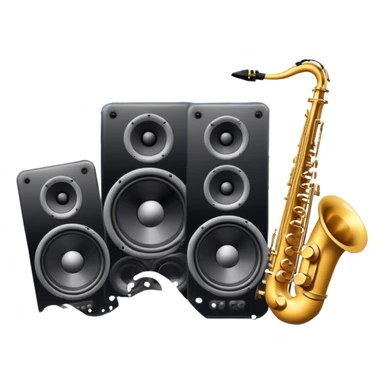 Icon for R&B Music Listening: large concert speakers and headphones with waves of musical notes coming out, along with drums, bass guitar and saxophone. The icon should convey the energetic and rhythmic vibe of R&B music. Transparent background sticker