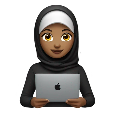memoji of a female with a laptop in front, apple-style, modern, hijabi women, black sweater, computer in hand   --ar 1:1 sticker