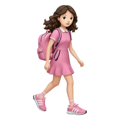 aestethic brunette very long wavy hair walking with a school backpack, with a cute pink dress, adidas shoes sticker