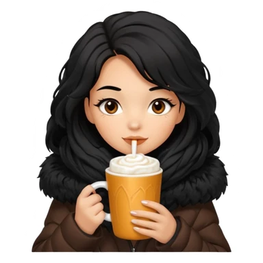 Tanned Girl with lashes , black hair, in an extremely big fluffy oversized jacket, and drinking hot chocolate drink sticker