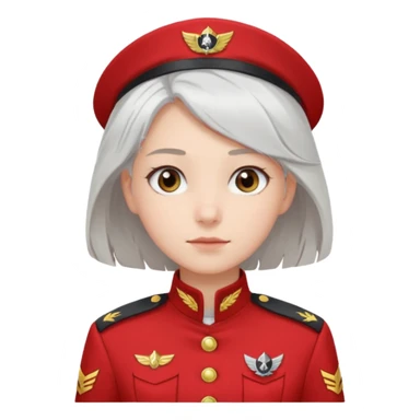 a girl with white loose hair, gray eyes maintains a calm expression on her face in a red captain's uniform to the waist sticker