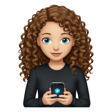 generate a pretty woman with blue eyes, light skin and medium brown long wavy/curly shiny hair holding a phone she is looking at the phone while looking down at the screen. she is wearing an ALL black long sleeve sticker
