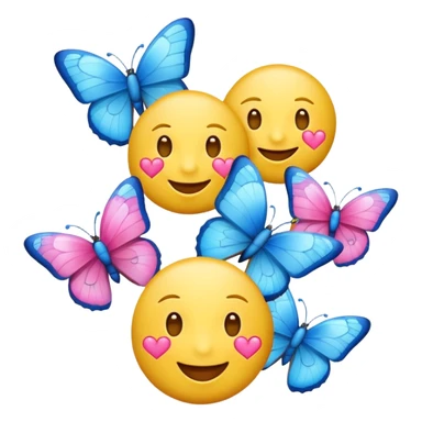 happy emoji face with pink hearts and blue butterflies around it sticker