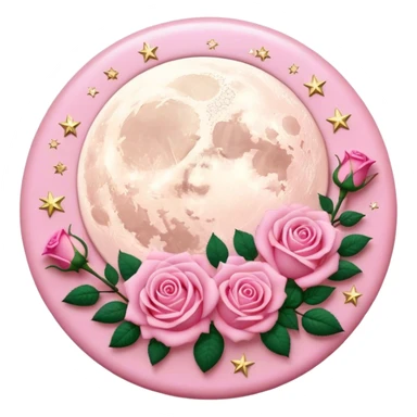 A round pink button with light cream damask lace, a full moon and stars and pink roses in the center sticker