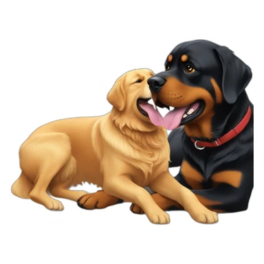 A Rottweiller playing with a golden retriever sticker