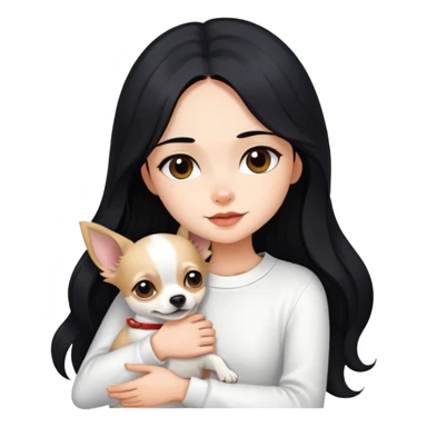 Fair skin girl - long black hair - white clothes - hugging a chihuahua sticker