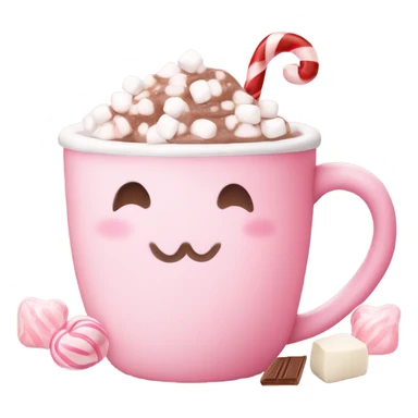 Aesthetic, coquette, hot chocolate that is super cute pink and pastel and adorable and has marshmallows in it and light pink and white candy cane is in it and there’s a little teddy bear on the mug of the hot chocolate sticker