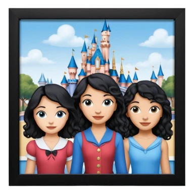 escribe el nombre Disneyland Paris y para titulo, pon a quatro chicas: una pelo corto negro, una pelo rizado largo, una pelo largo liso y la otra pelo ondulado mediano, esta con el ojos azules. Haz un cuadrado rectangular grande y por los lados pon a las chicas que te he descrito sticker