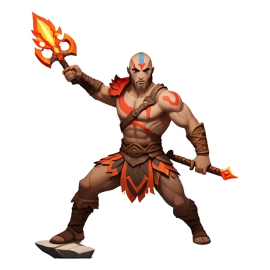 An icon showing a powerful warrior wielding a weapon, inspired by God of War: Ragnarok. The design captures the character’s strength, with dynamic motion lines. A fiery, mythological background with mountains and ruins enhances the epic atmosphere. Transparent background. sticker