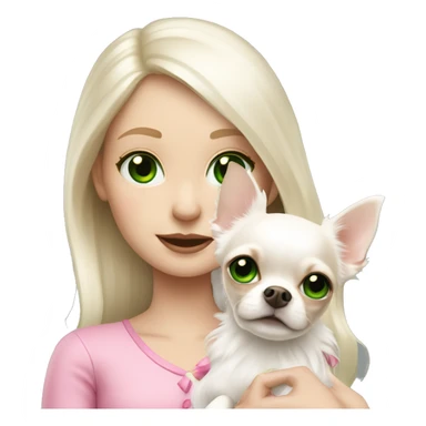 pale blond girl with long platinum white hair with bright green eyes holding a white chihuahua that wearing a pink bow sticker