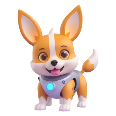 cute dog robot with pointy corgi-like ears, soft rounded body, glowy eyes and joints, friendly futuristic vibe, playful, slightly cartoonish, colorful with glowy accents, highly expressive face and posture, reaction angry sticker