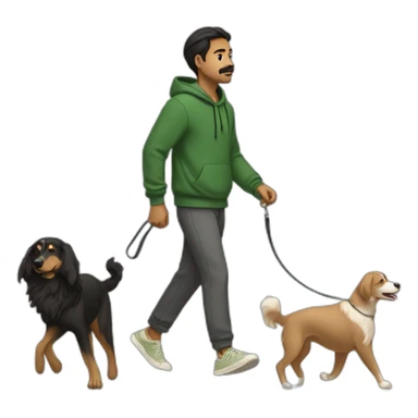 an indian man wearing a green sweatshirt, beige shoes, long hair, no beard, black shorts, walking, side profile, one hand raised slightly below waist level with leash in hand but no dog sticker