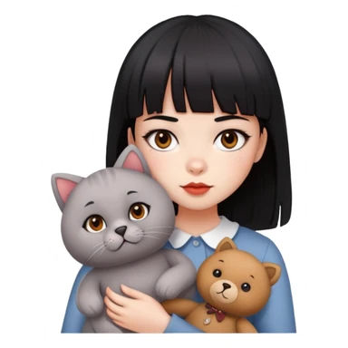  A girl with black eyes, red cheeks, black hair with straight bangs, and white face is holding a British gray cat and a brown teddy bear  sticker