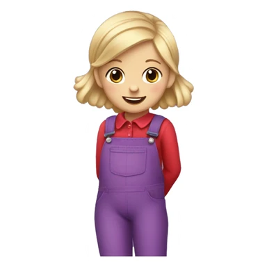 A little blonde girl with pigtails and little purple bows wearing a red long-sleeved shirt and purple overalls with blue tights with green polka dots and purple sneakers. sticker
