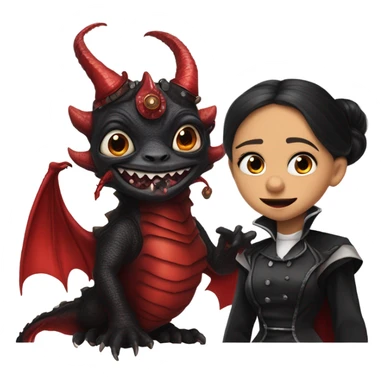 surprised Lavish Victorian evening gown with gloves, Jenna Ortega as Addams girl Jedi wearing a steampunk mini tiara, very large blood red evil-looking horned dragon sticker