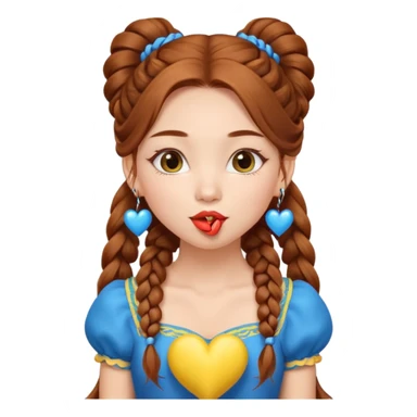A cute ukrainian girl, looks slightly mongolian with full lips, with long auburn hair two side ponytails plaited, has heart earrings in the ukrainian yellow and blue, and is wearing her little black dress, she is blowing a kiss. sticker