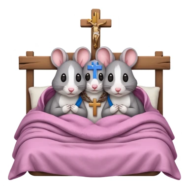 2 rats cuddled together in bed with a crucifix sticker