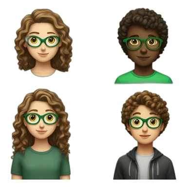 A 12 years Old white girl with curly brown hair brown eyes talking to a brown 12 years old boy with green and Black glasses sticker