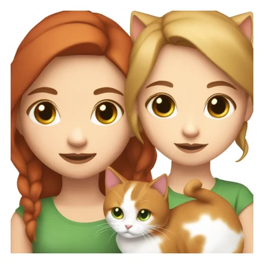 girl with green eyes and light brown hair with red tint holding a calico cat with white face sticker