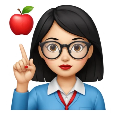 Guatemalan Girl with Black hair and Nerdy Glasses sticking up pointer finger, holding an apple sticker