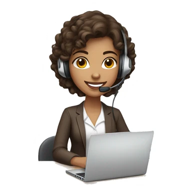 lightly brown call center girl with dark brown medium curly hair smiling and wearing a headset while working on a laptop. head rotated a quarter turn sticker