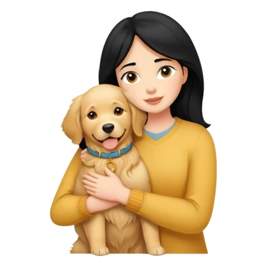 A black-haired, fair-skinned woman hugs a golden retriever. sticker