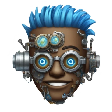 Brown cyborg head with blue Mohawk, blue beard, silver steampunk monocle goggles a smile and circuits sticker