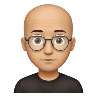Latino man with small oval face and big forehead, aviator-style glasses, completely bald/shaved sides with very short curly dark hair only on top of head, neutral-friendly expression, light brown skin, wearing a black t-shirt sticker