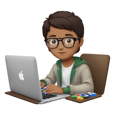 boy working in Macbook, he is graphic designer and paint artist, he seats facing me, and hair dark brown color sticker