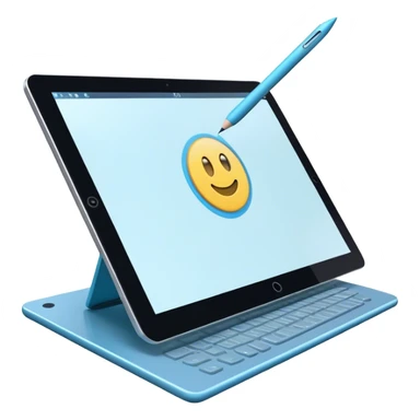 Create an emoji for 3D visualization and modeling. Show a large graphic tablet with a stylus drawing in a 3D modeling program. The 3D model on the screen should appear to protrude out of the screen. Use modern, professional colors. Make the background transparent. sticker