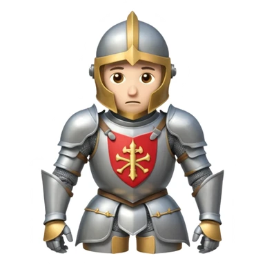 A cartoon knight in full armor with a closed helmet, expressing sadness. The knight's head is lowered, arms hanging down, and legs close together. sticker