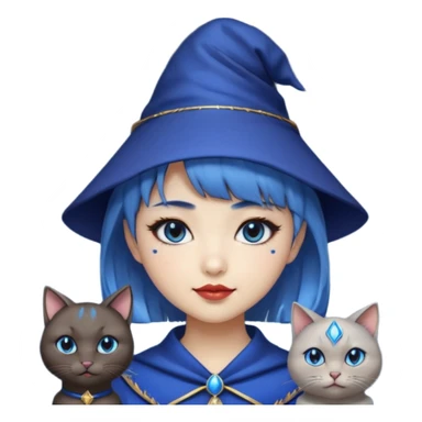an asian short haired girl with electric blue highlighted short hair with bangs, with her silver left eye and dark brown right eye, with black cat eyed style eyeliner, and smirk of natural toned lipstick, with wizard hat with moon emblem on his hat. sticker